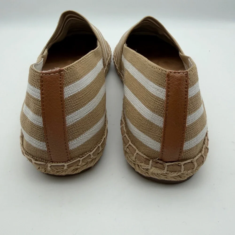 Vionic 356 Valeri Tan White Striped Canvas Espadrille Flats Size 9 Coastal Beach